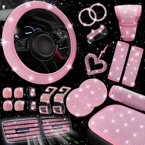 NBTEPEM 30 Pcs Pink Bling Car Accessories Set for Women Pink Steering Wheel Cover Set Bling Console Cover Seat Belt Cushion Shift Knob Cushion Cup Coaster Rhinestone Car Hanging Accessories - Image 1