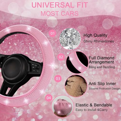 NBTEPEM 30 Pcs Pink Bling Car Accessories Set for Women Pink Steering Wheel Cover Set Bling Console Cover Seat Belt Cushion Shift Knob Cushion Cup Coaster Rhinestone Car Hanging Accessories - Image 3