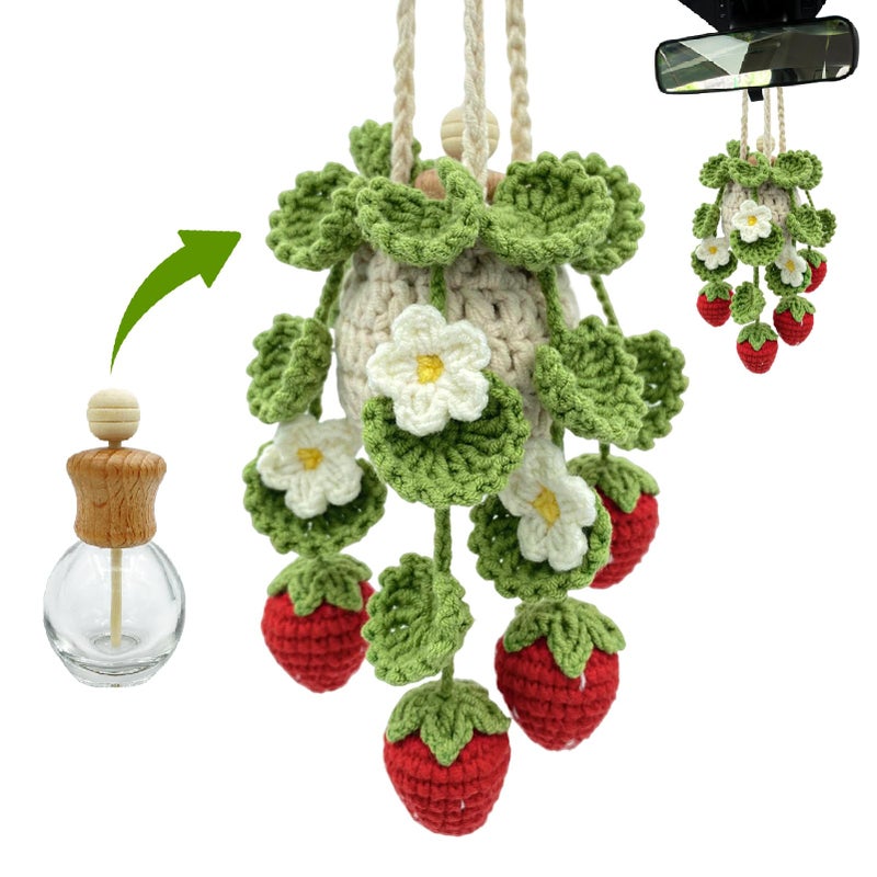SGIBYN Crochet Car Air Freshener, 15ml Empty Refillable Oil Diffuser Bottle with Hanging Crochet Strawberry Plant for Car Rearview Mirror Air Freshener Diffuser for Home, and Office Decor - Image 1