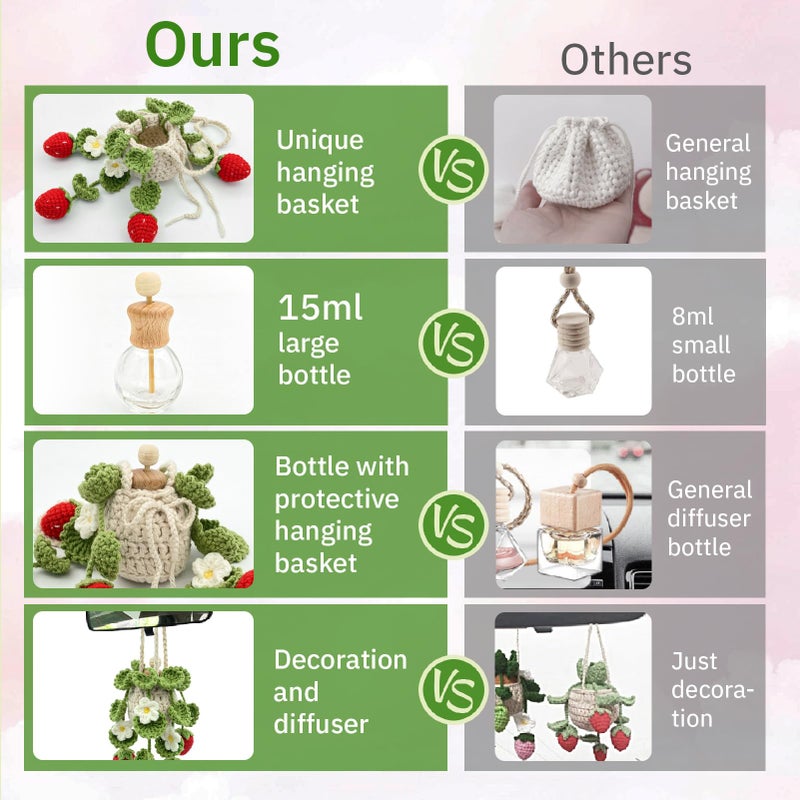 SGIBYN Crochet Car Air Freshener, 15ml Empty Refillable Oil Diffuser Bottle with Hanging Crochet Strawberry Plant for Car Rearview Mirror Air Freshener Diffuser for Home, and Office Decor - Image 5