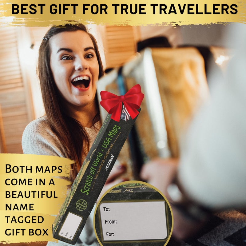 OVANTO Scratch Off World Map & US Map-Durable 17x24” United States Map & World Travel Map with Pins & Accessory Set–Easy to Scratch Off Maps with Colored Details in Name-Tagged Gift Box for Travelers - Image 5