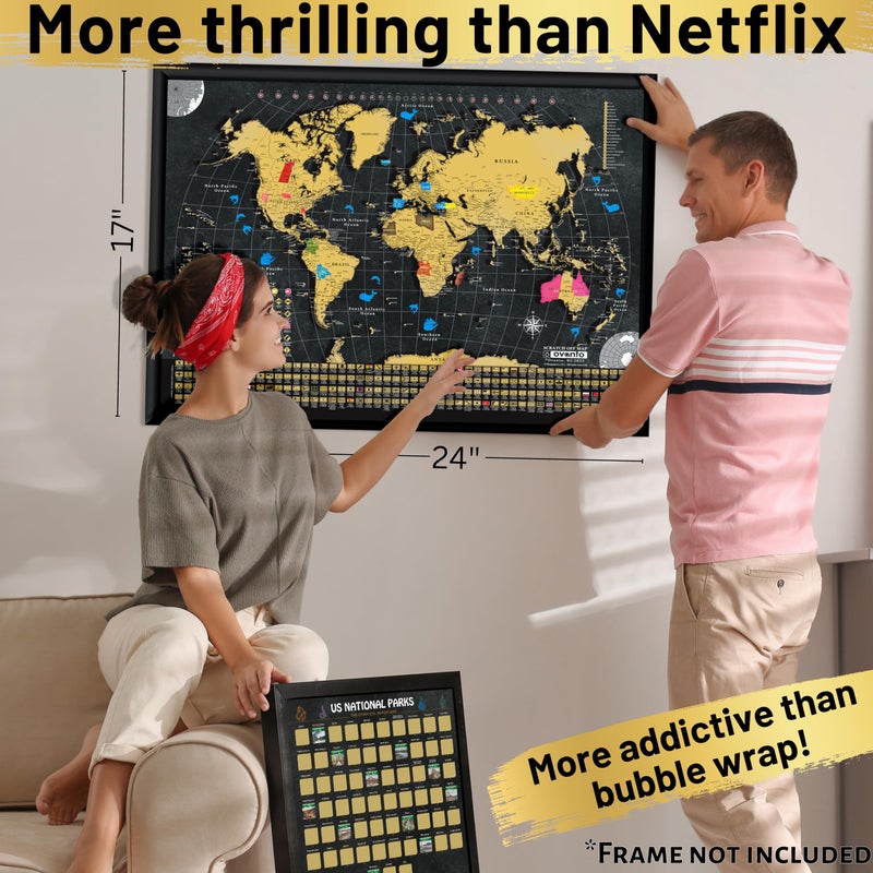 OVANTO Scratch Off World Map & US Map-Durable 17x24” United States Map & World Travel Map with Pins & Accessory Set–Easy to Scratch Off Maps with Colored Details in Name-Tagged Gift Box for Travelers - Image 4