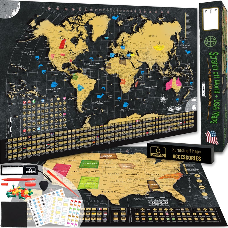 OVANTO Scratch Off World Map & US Map-Durable 17x24” United States Map & World Travel Map with Pins & Accessory Set–Easy to Scratch Off Maps with Colored Details in Name-Tagged Gift Box for Travelers - Image 1