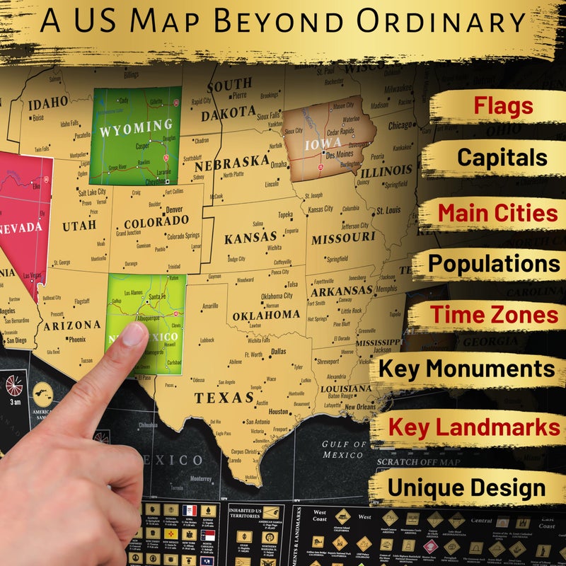 OVANTO Scratch Off World Map + USA Map â€“ 17x24â€ Wall Travel Posters with 196 Flags, Gold Foil, Pins & Accessories â€“ Premium Gift Box for Travelers, Couples, Home or Office Decor - Image 5