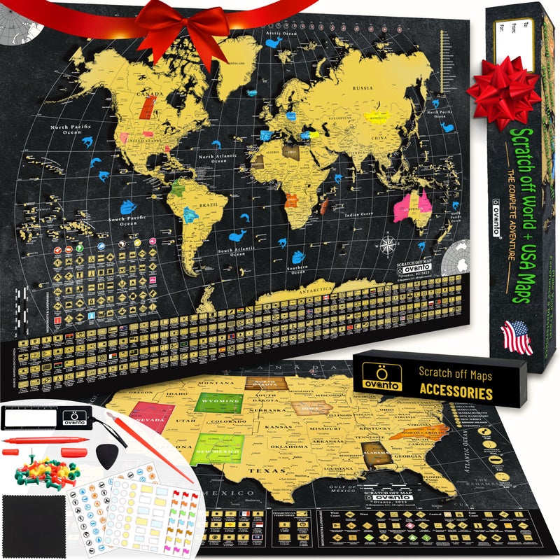 OVANTO Scratch Off World Map + USA Map â€“ 17x24â€ Wall Travel Posters with 196 Flags, Gold Foil, Pins & Accessories â€“ Premium Gift Box for Travelers, Couples, Home or Office Decor - Image 1