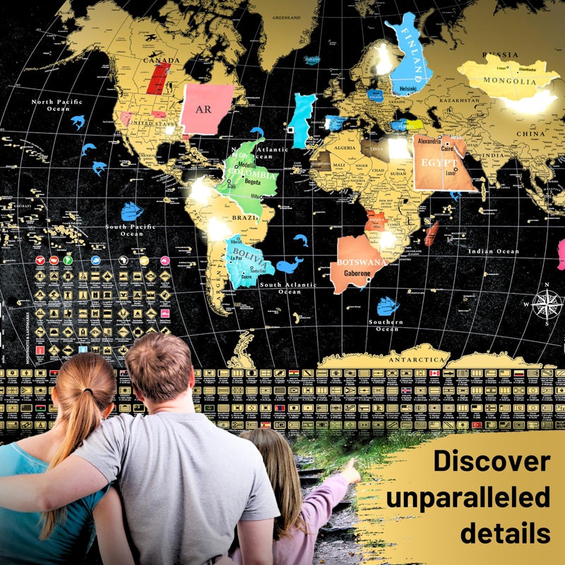 OVANTO Scratch Off World Map + USA Map â€“ 17x24â€ Wall Travel Posters with 196 Flags, Gold Foil, Pins & Accessories â€“ Premium Gift Box for Travelers, Couples, Home or Office Decor - Image 4