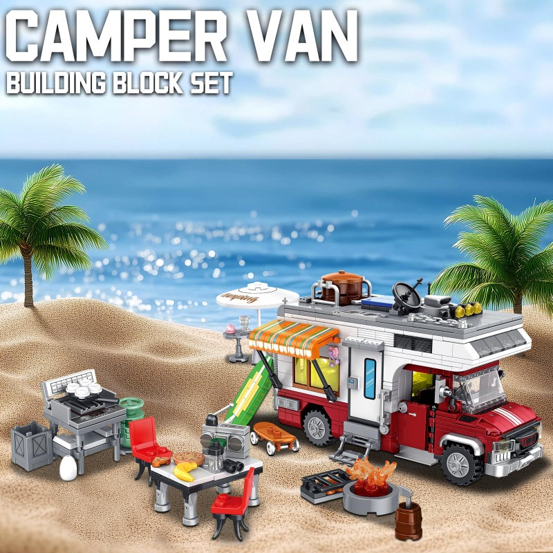 CSNRHG Camping Van Construction Toy 924 Pieces Building Block Set with Picnic Table Grill & Fire Scene Gift for Kids Teens & Vehicle Fans - Image 3