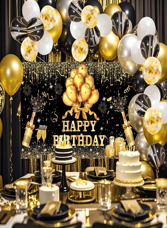 ينكين مجموعة بالونات عيد ميلاد سعيد من يينكين، 63 قطعة، باللونين الأسود والذهبي، مع خلفيات تصوير، لافتة قماشية، بالونات قصاصات ورقية، لوازم وديكورات حفلات عيد ميلاد سعيد للبنات والسيدات. - Image 3
