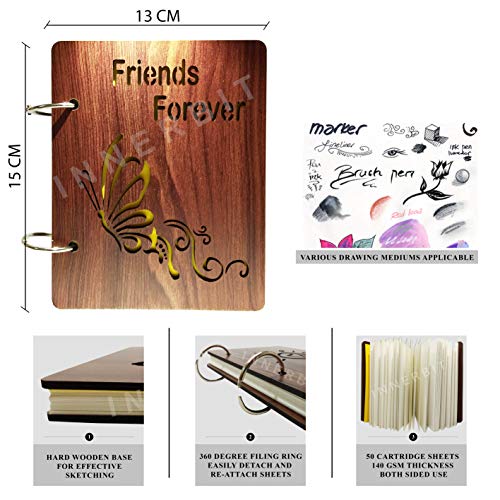 innerbit® 'Friends Forever' Wooden Artist Drawing Mini Sketch Book Doodle Pad, Size (15cm x 13 cm), 140 GSM -50 Sheets - Image 2