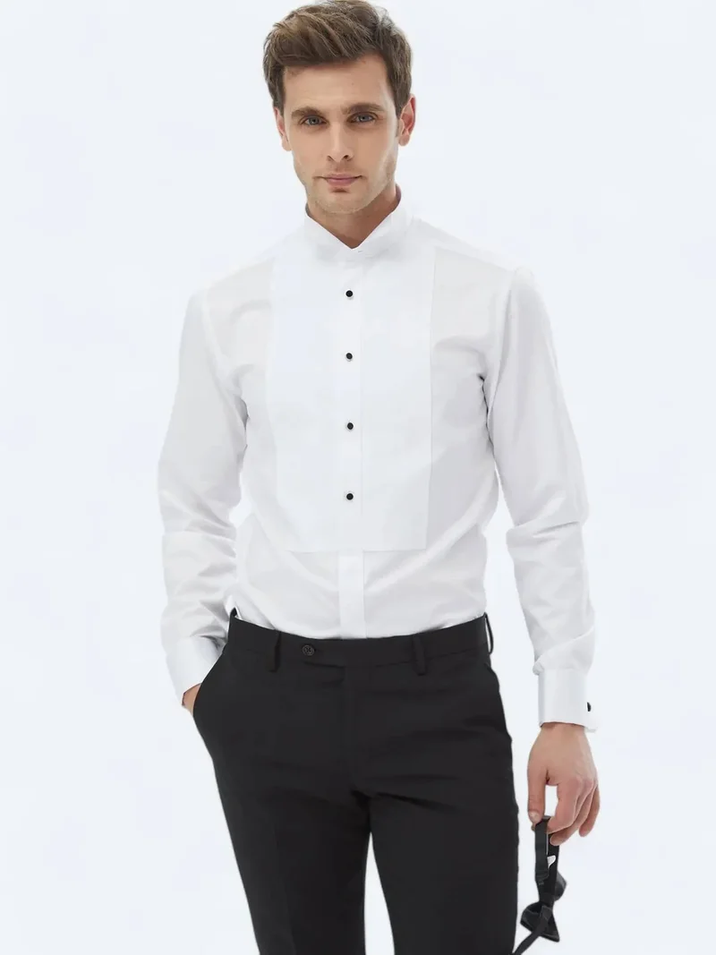Kip White Plain Slim Fit Double Cuff Wing Collar Tuxedo Shirts