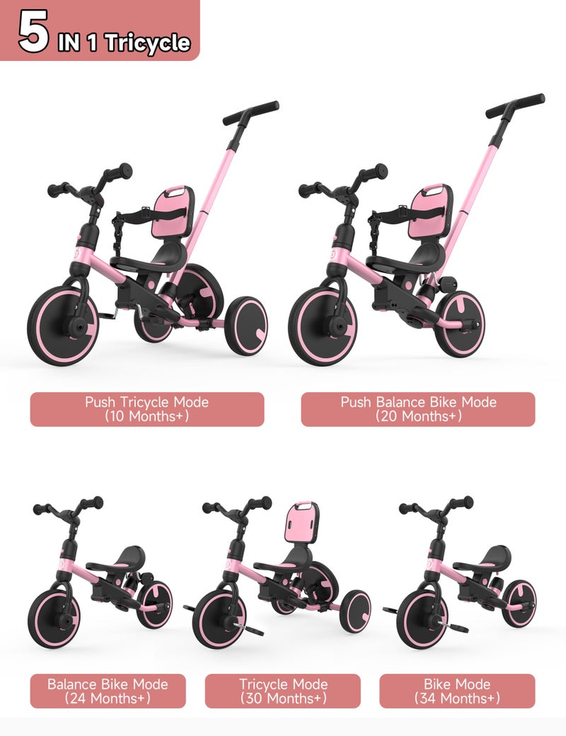 besrey Toddler Bike 1-3 Years Old,Toddler Tricycle with Spare Wheel,5 in 1 Kids Trike with Push Handle,Backrest and Safety Belt,Balance Bike 1+ Year Old,Birthday Gift and Toy for Boys and Girls - Image 2