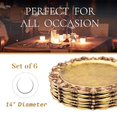 MAONAME 14" Antique Gold Charger Plates with Embossed Rims, Set of 6, Plastic Plate Chargers for Dinner Plates, Table Setting - Image 3