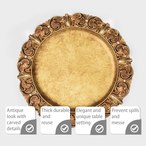 MAONAME 14" Antique Gold Charger Plates with Embossed Rims, Set of 6, Plastic Plate Chargers for Dinner Plates, Table Setting - Image 4