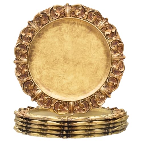 MAONAME 14" Antique Gold Charger Plates with Embossed Rims, Set of 6, Plastic Plate Chargers for Dinner Plates, Table Setting - Image 1