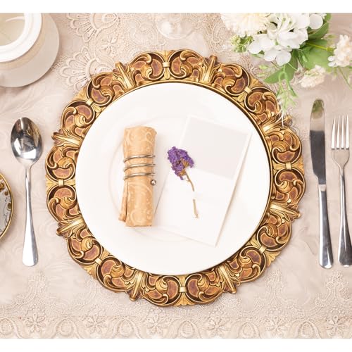 MAONAME 14" Antique Gold Charger Plates with Embossed Rims, Set of 6, Plastic Plate Chargers for Dinner Plates, Table Setting - Image 5