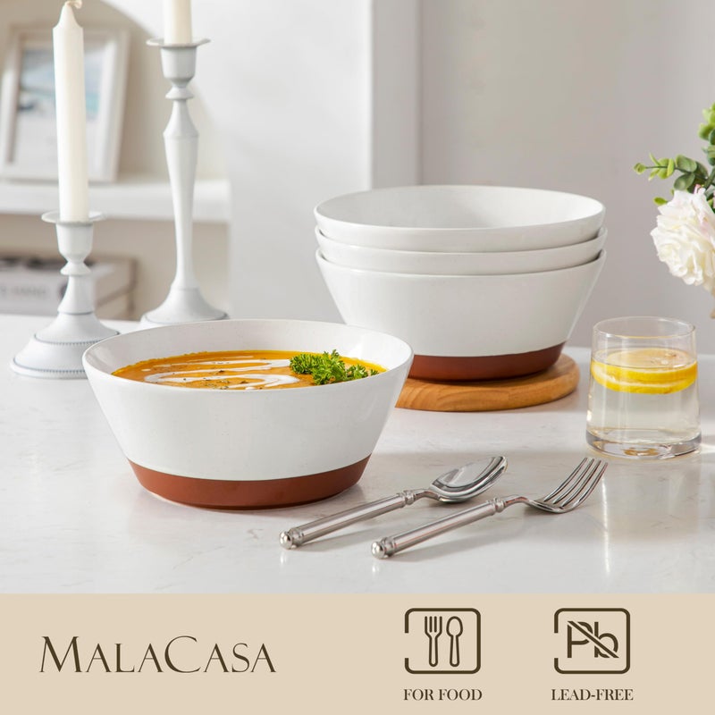 MALACASA Salad Bowls Set of 4, Soup Bowls for Kitchen, 60oz Large Ceramic Bowl for Ramen, Cereal, Fruit, Pho and Pasta, Microwave & Dishwasher Safe, Speckled Deep Bowls, White & Brown - Image 4