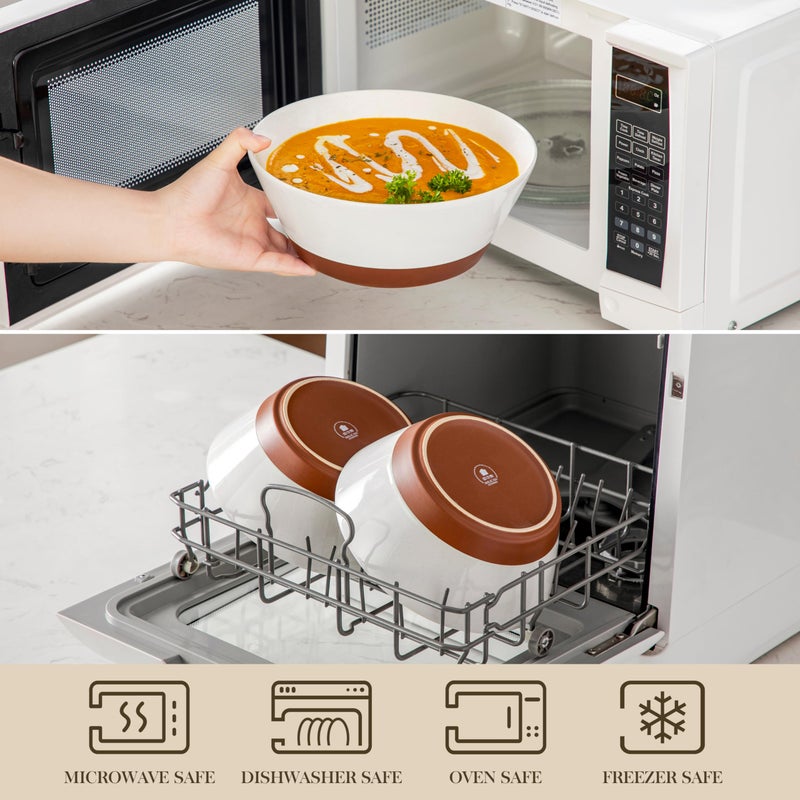 MALACASA Salad Bowls Set of 4, Soup Bowls for Kitchen, 60oz Large Ceramic Bowl for Ramen, Cereal, Fruit, Pho and Pasta, Microwave & Dishwasher Safe, Speckled Deep Bowls, White & Brown - Image 3