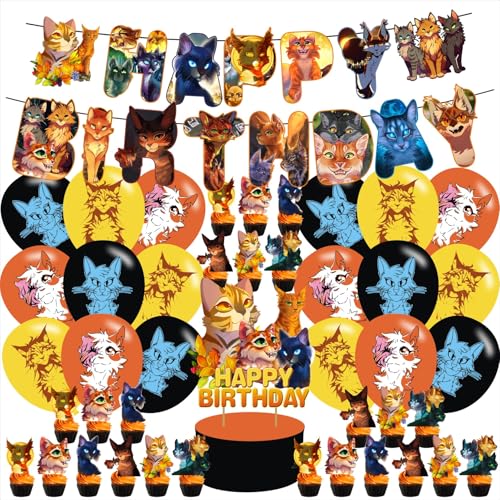 Karg Cartoon Cat Party Supplies Cats Birthday Party Decorations Pack Banners Cake Toppers 12 Cupcake Toppers 18 Balloons Brown Yellow Orange - Image 1