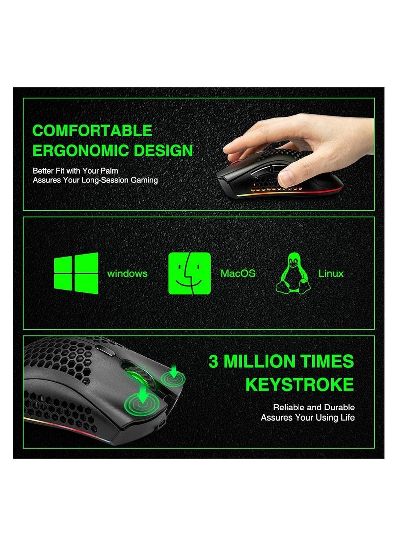 Aookay - Wireless Gaming Mouse, Computer Mouse with Honeycomb Shell, 6 Programmed Buttons, 3 Adjustable DPI, Silent Click, USB Receiver, Ergonomic RGB Optical Gamer Mice Mouse for Laptop PC Mac(Black) - Image 1
