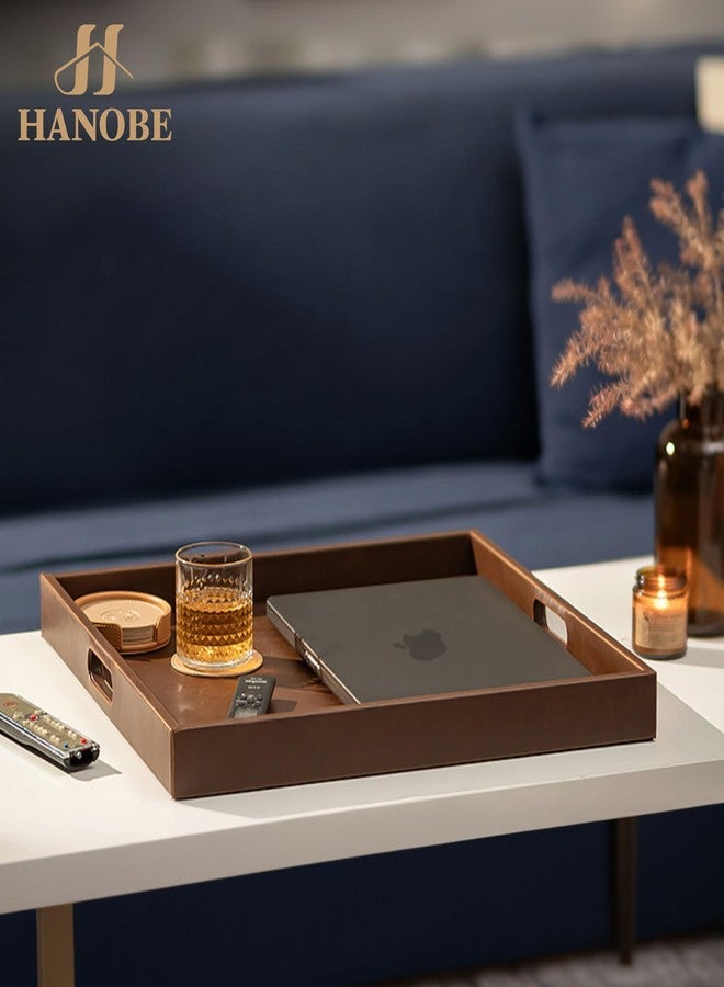 Hanobe Ottoman Serving Tray Large: 20'' Decorative Trays with Handles - Leather Coffee Table Decor for Extra Big Counter Home Living Room - Oversized - Image 3