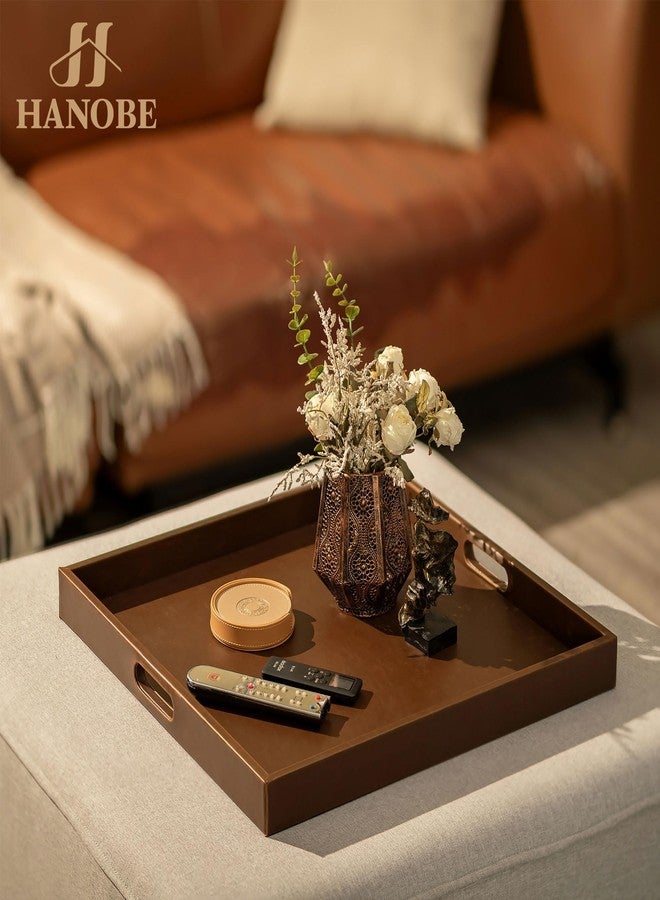 Hanobe Ottoman Serving Tray Large: 20'' Decorative Trays with Handles - Leather Coffee Table Decor for Extra Big Counter Home Living Room - Oversized - Image 2