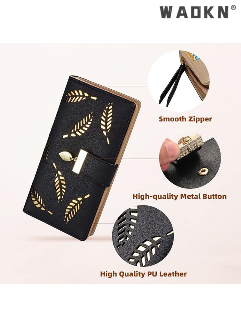 WAOKN Fashionable Women's Preferred Long Leaf Bifold Leather Wallet Card Holder with Delicate Zip Buckle, Elegant Clutch Purse, Multi-functional Storage, Versatile Handbag（Black） - Image 5