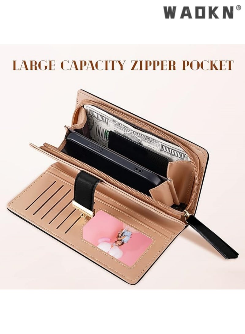 WAOKN Fashionable Women's Preferred Long Leaf Bifold Leather Wallet Card Holder with Delicate Zip Buckle, Elegant Clutch Purse, Multi-functional Storage, Versatile Handbag（Black） - Image 2