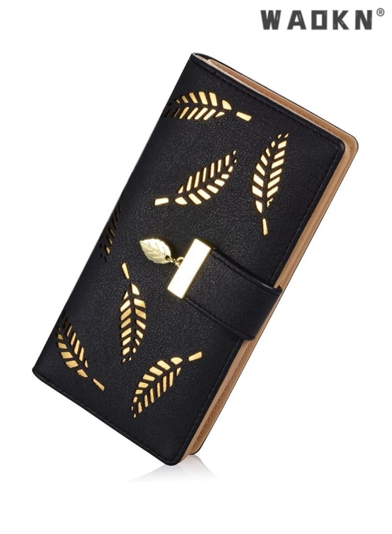 WAOKN Fashionable Women's Preferred Long Leaf Bifold Leather Wallet Card Holder with Delicate Zip Buckle, Elegant Clutch Purse, Multi-functional Storage, Versatile Handbag（Black） - Image 1