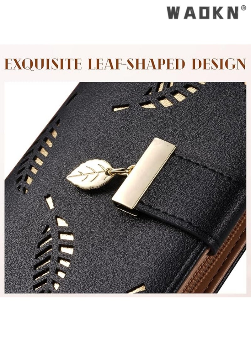 WAOKN Fashionable Women's Preferred Long Leaf Bifold Leather Wallet Card Holder with Delicate Zip Buckle, Elegant Clutch Purse, Multi-functional Storage, Versatile Handbag（Black） - Image 4
