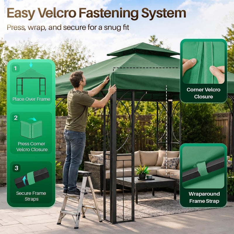 Flexzion 12'x12' Gazebo Replacement Canopy Top Cover (Green) - Dual Tier with Plain Edge Polyester UV30 Water Resistant for Outdoor Garden Patio Pavilion Sun Shade - Image 4