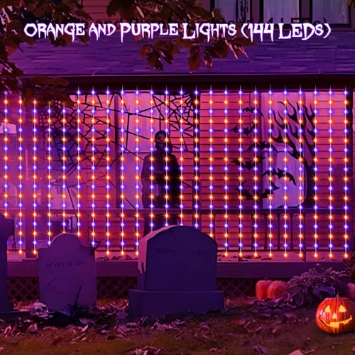 echosari Solar Halloween Curtain Lights Outdoor, 7.9ft x 6ft 144 LED Orange Purple Curtain Lights with 8 Modes Timer Waterproof for Indoor Outdoor Patio Fence Halloween Tree Party Decor - Image 2