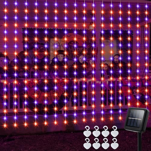 echosari Solar Halloween Curtain Lights Outdoor, 7.9ft x 6ft 144 LED Orange Purple Curtain Lights with 8 Modes Timer Waterproof for Indoor Outdoor Patio Fence Halloween Tree Party Decor - Image 1