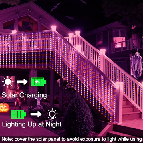 echosari Solar Halloween Curtain Lights Outdoor, 7.9ft x 6ft 144 LED Orange Purple Curtain Lights with 8 Modes Timer Waterproof for Indoor Outdoor Patio Fence Halloween Tree Party Decor - Image 4