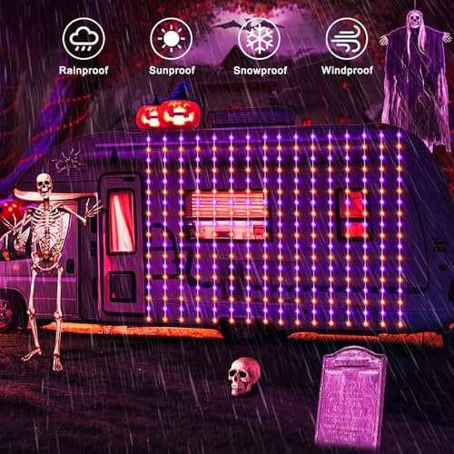 echosari Solar Halloween Curtain Lights Outdoor, 7.9ft x 6ft 144 LED Orange Purple Curtain Lights with 8 Modes Timer Waterproof for Indoor Outdoor Patio Fence Halloween Tree Party Decor - Image 5