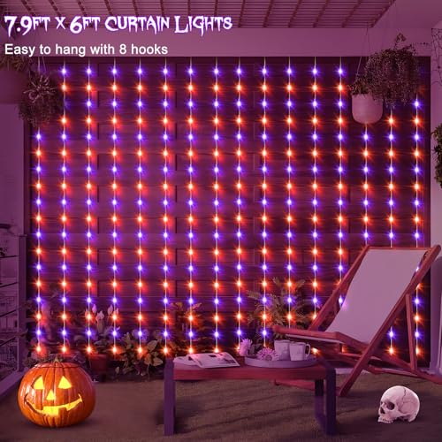 echosari Solar Halloween Curtain Lights Outdoor, 7.9ft x 6ft 144 LED Orange Purple Curtain Lights with 8 Modes Timer Waterproof for Indoor Outdoor Patio Fence Halloween Tree Party Decor - Image 3
