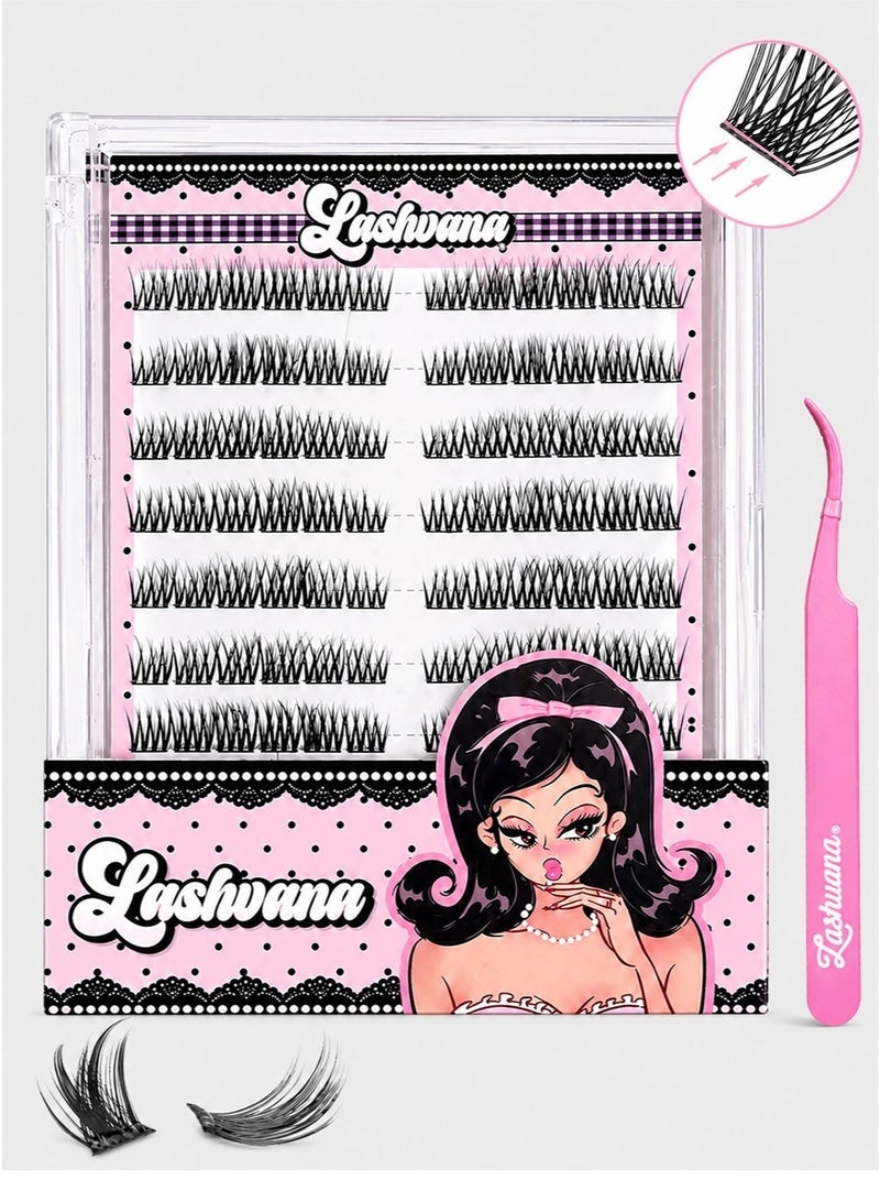 lashvana Self Adhesive False Eyelashes DIY Lash Clusters Kit D Curl Pre Glued Wispy Lashes Kit with Tweezers for Beginners, Press On Glueless Individual Lashes DIY Eyelashes. - Image 1