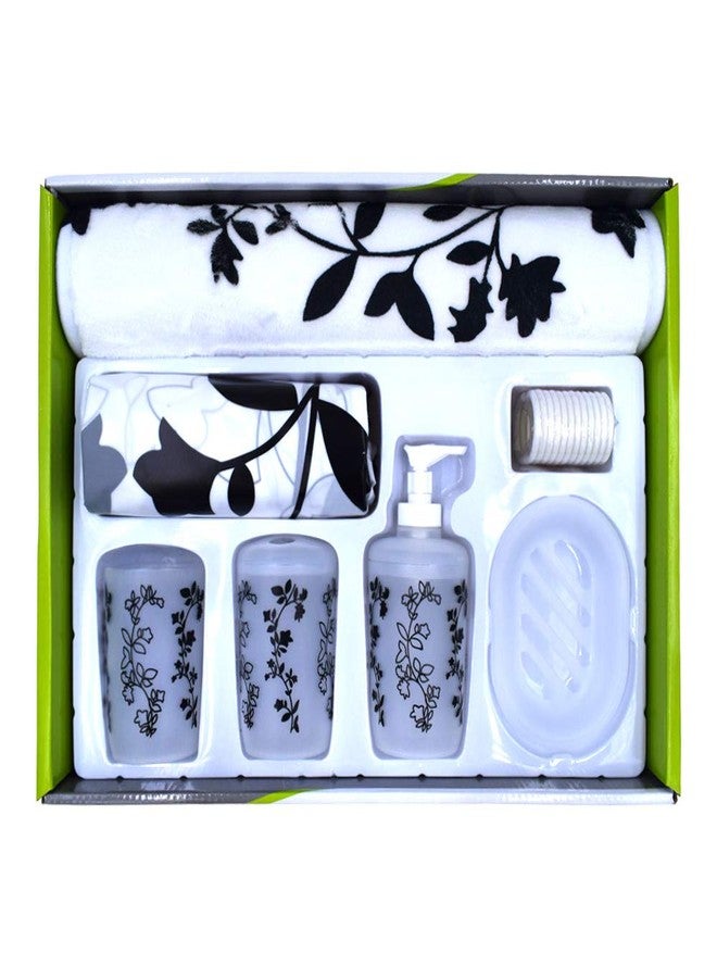 BuenoVida 7 Pcs Bathroom Accessories Set, Liquid Soap Dispenser, Soap Dish, Toothbrush Holder, Tumbler, Footmat, Shower Curtain with Hooks, Plastic (SMS-022-03) - Image 1
