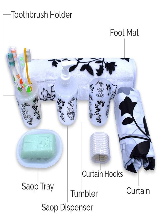 BuenoVida 7 Pcs Bathroom Accessories Set, Liquid Soap Dispenser, Soap Dish, Toothbrush Holder, Tumbler, Footmat, Shower Curtain with Hooks, Plastic (SMS-022-03) - Image 2
