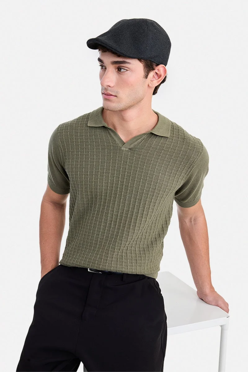 سنيتش Olive Textured Half Sleeve Regular Fit T-Shirt