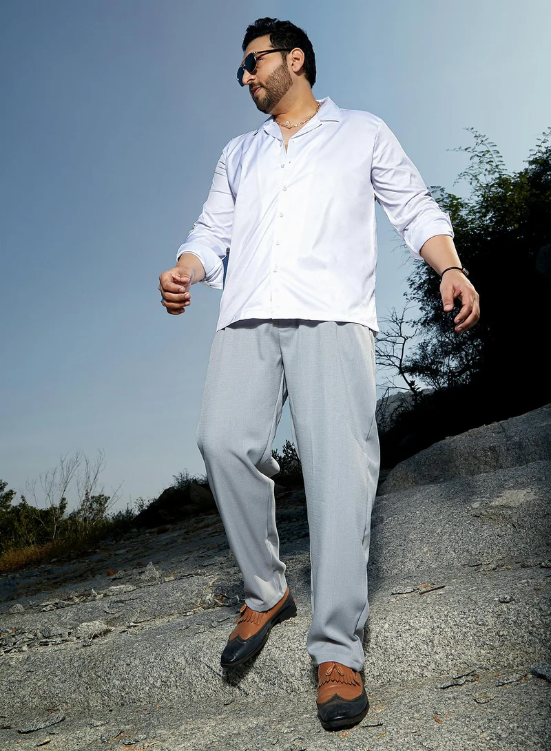 Instafab Plus Instafab Plus Men's Cloud Grey Tailored Linen-Blend Trousers For Casual Wear | Mid-Rise | Regular Fit | Drawstring Closure | Plus Size Trousers Crafted With Comfort Fit For Everyday Wear