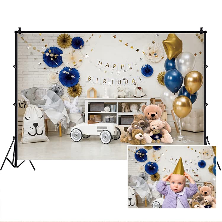 DASHAN 10x8ft Polyester Happy Birthday Backdrop Baby Boy 1st Birthday Cake Smash Balloon Teddy Bear Car Living Room Brick Wall Photography Background Newborn Baby Birthday Party YouTube Photo Prop