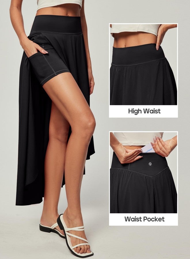 Heathyoga High Waist Wrap Skirt with Shorts Flowy Skirts for Women Trendy Summer Ruffle High Low Maxi Skirt with Slit Black Large - Image 3