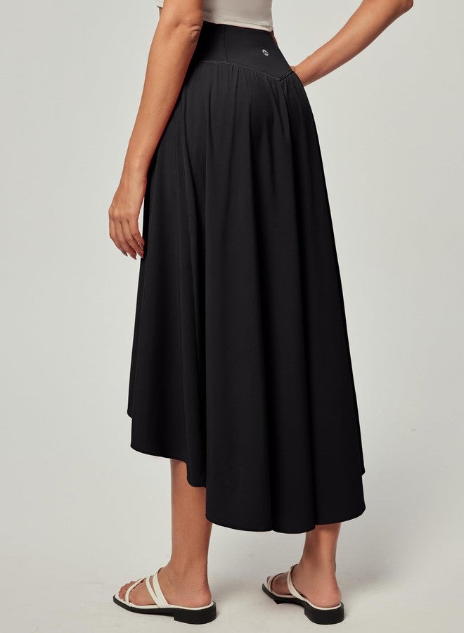 Heathyoga High Waist Wrap Skirt with Shorts Flowy Skirts for Women Trendy Summer Ruffle High Low Maxi Skirt with Slit Black Large - Image 2
