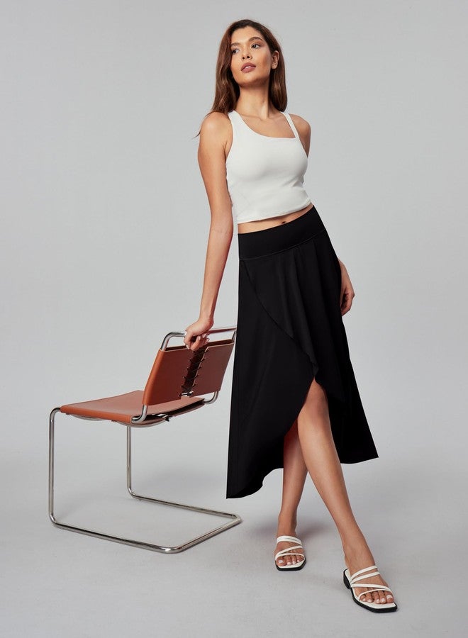 Heathyoga High Waist Wrap Skirt with Shorts Flowy Skirts for Women Trendy Summer Ruffle High Low Maxi Skirt with Slit Black Large - Image 5