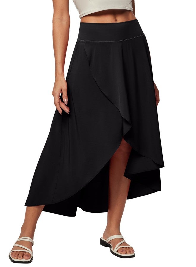 Heathyoga High Waist Wrap Skirt with Shorts Flowy Skirts for Women Trendy Summer Ruffle High Low Maxi Skirt with Slit Black Large - Image 1