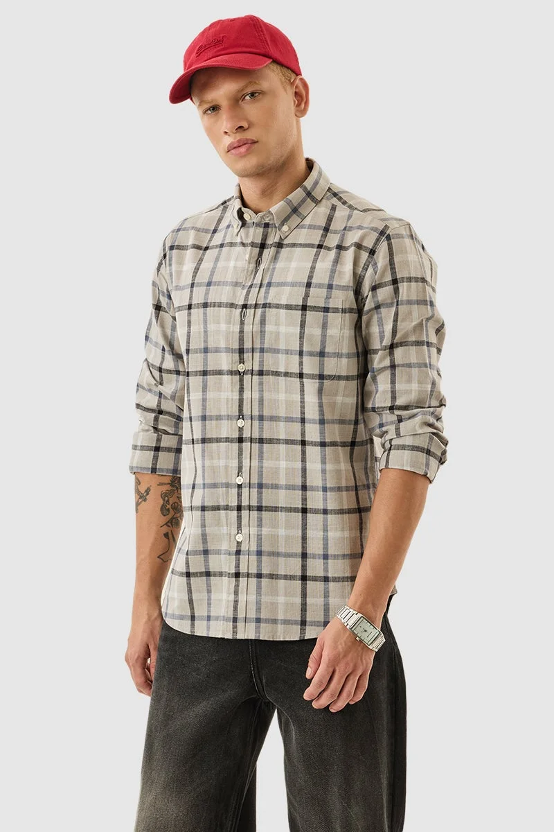 سنيتش Beige Checkered Long Sleeve Regular Fit Shirt