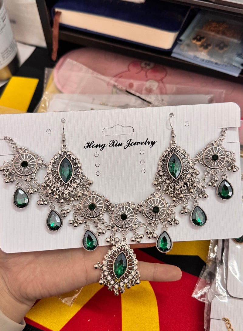 Hollow tassel elegant women's necklace and earrings jewelry set-green set  - Image 1
