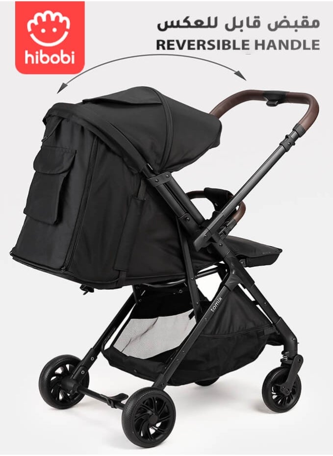 hibobi Lightweight Foldable Baby Stroller with Reversible Handle, Full Recline Seat, Ventilated Canopy, One-Hand Fold, Shock-Absorbing Wheels,From Newborns to Toddler, for Travel & Shopping, Black  - Image 2