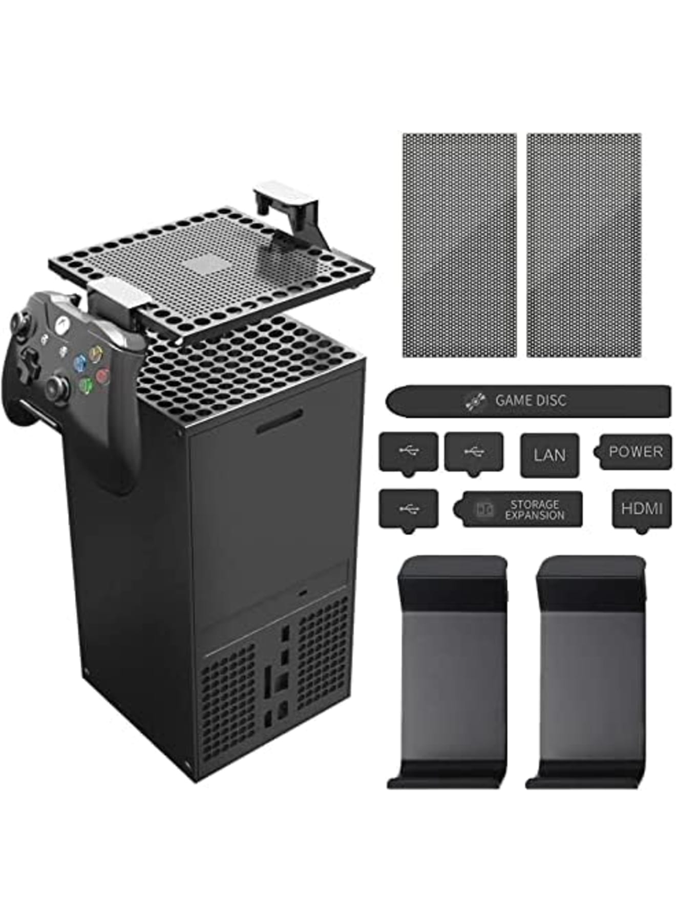 Dust Cover for Xbox Series X with 2 Headset/controller Holder, Cenxaki 2 Pcs High Density Filter and 8pcs Silicone Dust Plugs Compatible with Xbox Series X