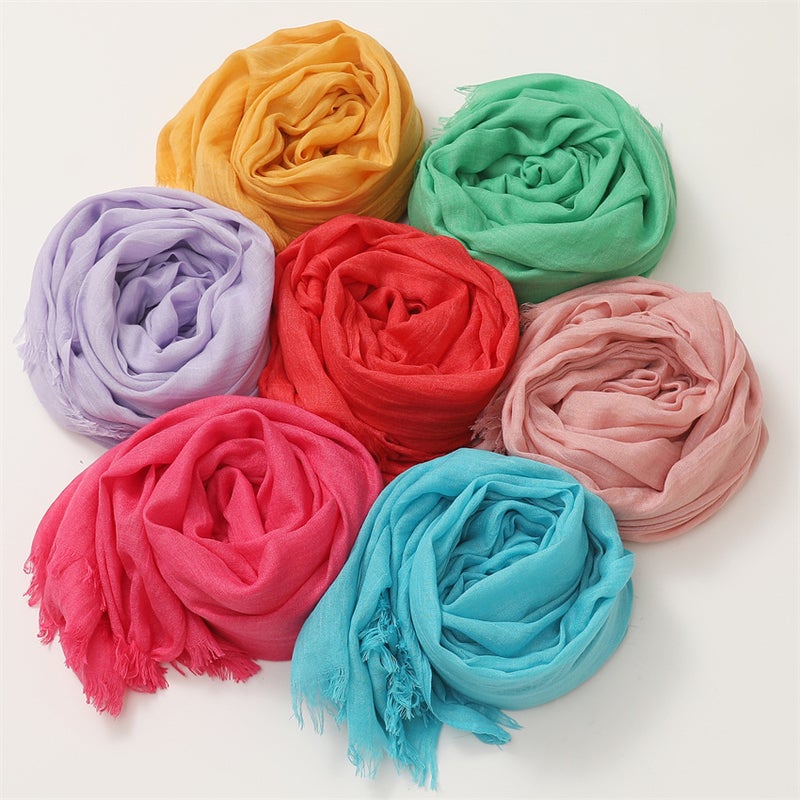 New Style Artistic and Fresh Silk Scarf, Cotton and Linen Headscarf for Women, Spring and Summer Solid Color Japanese and Korean Style Scarf, Sun Protection and Warm Shawl with Fringes - Image 2